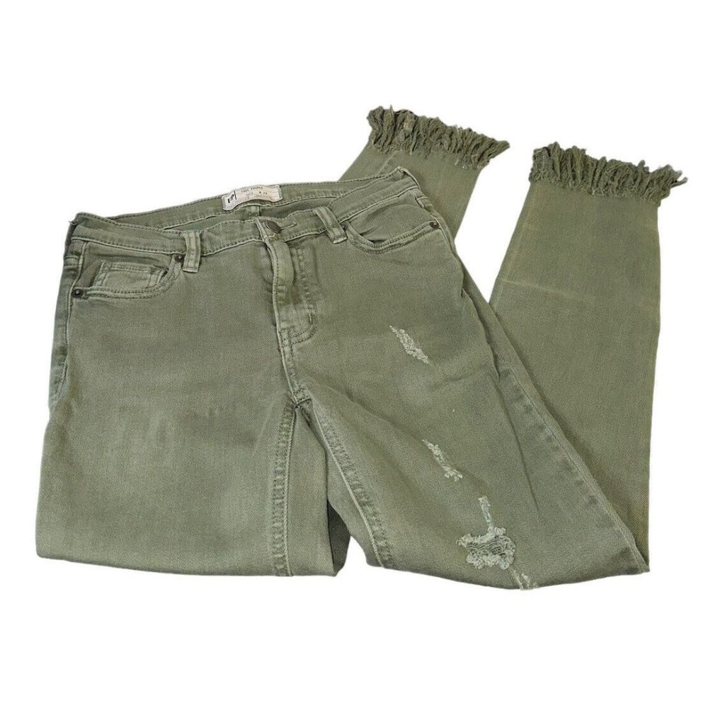 Free People Great Heights Frayed Skinny Jeans Size 24 Green Distressed Denim